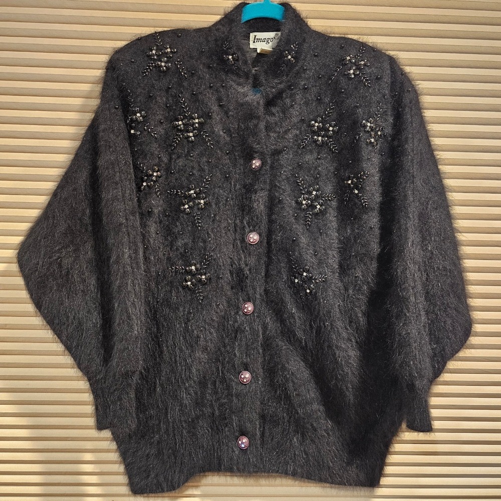 Vintage Imago Black Angora Rabbit Hair Beaded Cardigan Sweater Mock Neck Floral